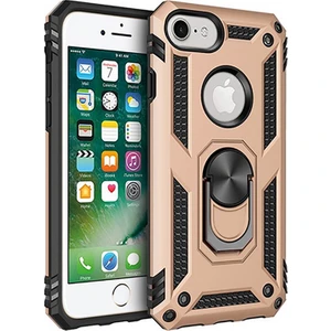 Apple iPhone 7 Kılıf Zırh Koruma Yüzüklü Standlı Armor Silikon Kapak + Ekran Koruma Gold