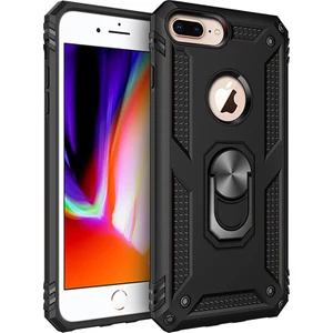 Apple iPhone 7 Plus Kılıf Zırh Koruma Yüzüklü Standlı Armor Silikon Kapak + Nano Ekran Koruma Siyah