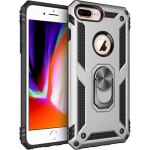 Apple iPhone 7 Plus Kılıf Zırh Koruma Yüzüklü Standlı Armor Silikon Kapak + Nano Ekran Koruma Gri