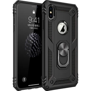 Apple iPhone X Kılıf Zırh Koruma Yüzüklü Standlı Armor Silikon Kapak + Nano Ekran Koruma Siyah