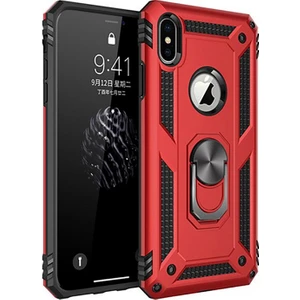 Apple iPhone X Kılıf Zırh Koruma Yüzüklü Standlı Armor Silikon Kapak + Nano Ekran Koruma Kırmızı