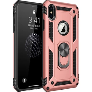 Apple iPhone X Kılıf Zırh Koruma Yüzüklü Standlı Armor Silikon Kapak + Nano Ekran Koruma Rose Gold