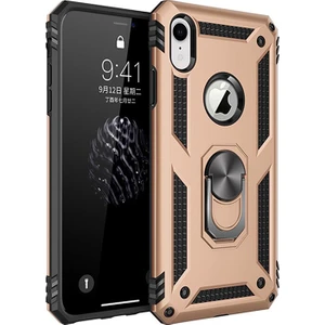 Apple iPhone XR Kılıf Zırh Koruma Yüzüklü Standlı Armor Silikon Kapak Gold