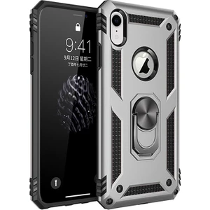Apple iPhone XR Kılıf Zırh Koruma Yüzüklü Standlı Armor Silikon Kapak Gri