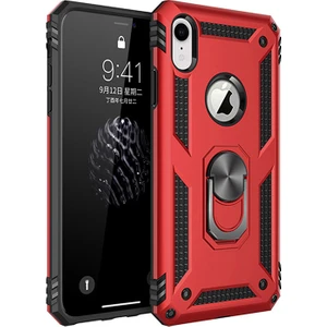 Apple iPhone XR Kılıf Zırh Koruma Yüzüklü Standlı Armor Silikon Kapak + Ekran Koruma Kırmızı