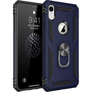 Apple iPhone XR Kılıf Zırh Koruma Yüzüklü Standlı Armor Silikon Kapak + Ekran Koruma Mavi