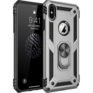Apple iPhone XS MAX Kılıf Zırh Koruma Yüzüklü Standlı Armor Silikon Kapak Gri