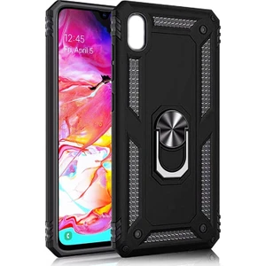 Samsung Galaxy A10 Kılıf Zırh Koruma Yüzüklü Standlı Armor Silikon Kapak Siyah