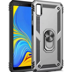 Samsung Galaxy A10 Kılıf Zırh Koruma Yüzüklü Standlı Armor Silikon Kapak Gri