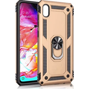 Samsung Galaxy A10 Kılıf Zırh Koruma Yüzüklü Standlı Armor Silikon Kapak + Ekran Koruma Gold