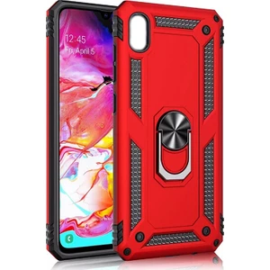 Samsung Galaxy A10 Kılıf Zırh Koruma Yüzüklü Standlı Armor Silikon Kapak + Ekran Koruma Kırmızı