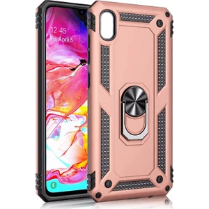 Samsung Galaxy A10 Kılıf Zırh Koruma Yüzüklü Standlı Armor Silikon Kapak + Ekran Koruma Rose Gold