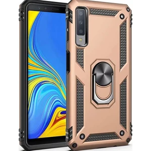 Samsung Galaxy A7 2018 Kılıf Zırh Koruma Yüzüklü Standlı Armor Silikon Kapak + Ekran Koruma Gold