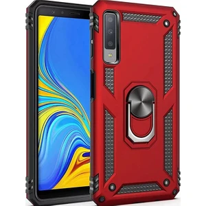 Samsung Galaxy A7 2018 Kılıf Zırh Koruma Yüzüklü Standlı Armor Silikon Kapak + Ekran Koruma Kırmızı