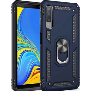 Samsung Galaxy A7 2018 Kılıf Zırh Koruma Yüzüklü Standlı Armor Silikon Kapak + Ekran Koruma Mavi