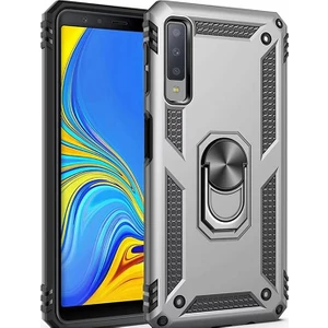 Samsung Galaxy A7 2018 Kılıf Zırh Koruma Yüzüklü Standlı Armor Silikon Kapak + Ekran Koruma Gri