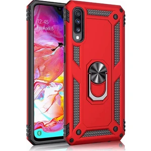 Samsung Galaxy A70 Kılıf Zırh Koruma Yüzüklü Standlı Armor Silikon Kapak Kırmızı