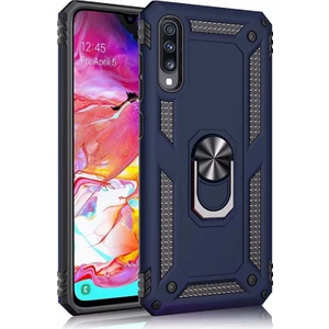 Samsung Galaxy A70 Kılıf Zırh Koruma Yüzüklü Standlı Armor Silikon Kapak + Ekran Koruma Mavi