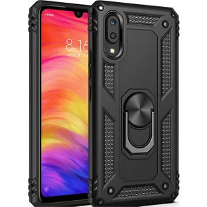 Samsung Galaxy M10 Kılıf Zırh Koruma Yüzüklü Standlı Armor Silikon Kapak + Ekran Koruma Siyah
