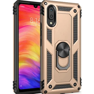 Samsung Galaxy M10 Kılıf Zırh Koruma Yüzüklü Standlı Armor Silikon Kapak + Ekran Koruma Gold