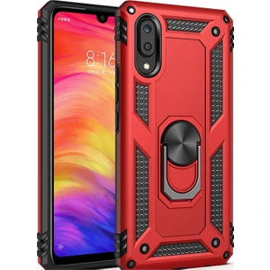 Samsung Galaxy M10 Kılıf Zırh Koruma Yüzüklü Standlı Armor Silikon Kapak + Ekran Koruma Kırmızı