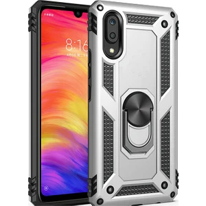 Samsung Galaxy M10 Kılıf Zırh Koruma Yüzüklü Standlı Armor Silikon Kapak + Ekran Koruma Gri