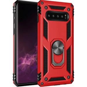 Samsung Galaxy S10 Plus Kılıf Zırh Koruma Yüzüklü Standlı Armor Silikon Kapak Kırmızı
