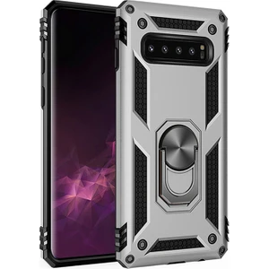 Samsung Galaxy S10 Plus Kılıf Zırh Koruma Yüzüklü Standlı Armor Silikon Kapak Gri