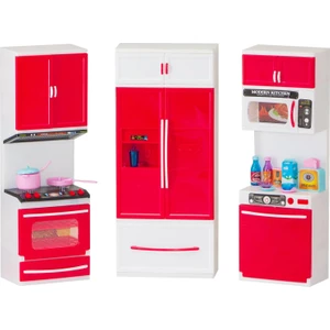 Kayyum Oyuncak Modern Kıtchen Kırmızı Beyaz Renkli Işıklı Sesli 3'lü Mutfak Seti Ocaklı