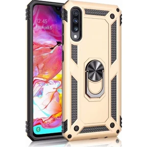 DVR Samsung Galaxy A50 Kılıf Crash Vega Yüzüklü Standlı Silikon + Cam Ekran Koruyucu Gold