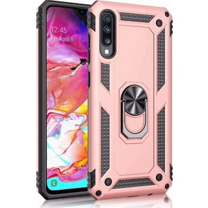 DVR Samsung Galaxy A50 Kılıf Crash Vega Yüzüklü Standlı Silikon + Cam Ekran Koruyucu Rose Gold