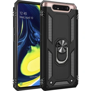 DVR Samsung Galaxy A80 Kılıf Crash Vega Yüzüklü Standlı Silikon + Tam Ekran Cam Koruyucu Siyah