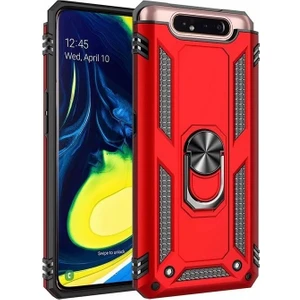 DVR Samsung Galaxy A80 Kılıf Crash Vega Yüzüklü Standlı Silikon + Tam Ekran Cam Koruyucu Kırmızı