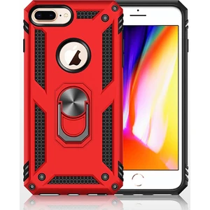 Apple iPhone 8 Plus Kılıf Zırh Koruma Yüzüklü Standlı Armor Silikon Kapak Kırmızı