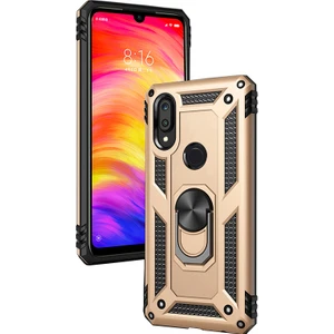 Huawei Y7 2019 Kılıf Zırh Koruma Yüzüklü Standlı Armor Silikon Kapak + Ekran Koruma Gold