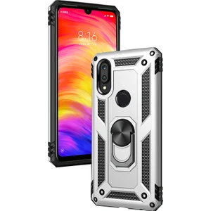 Huawei Y7 2019 Kılıf Zırh Koruma Yüzüklü Standlı Armor Silikon Kapak + Ekran Koruma Gri