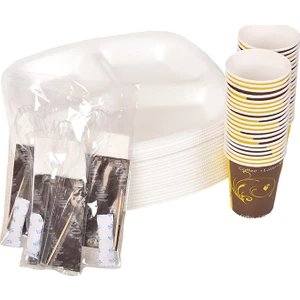 Piknik Seti 100 Adet Üç Gözlü Köpük Tabak, 100 Adet Karton Bardak, 100 Adet 6'lı Lüx Set (Kaşık, Çatal, Selpak, Islak Mendil, Tuz, Kürdan)