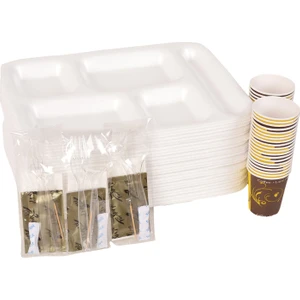 Piknik Seti 50 Adet Beş Gözlü Köpük Tabak, 50 Adet Karton Bardak, 50 Adet 6'lı Lüx Set (Kaşık, Çatal, Selpak, Islak Mendil, Tuz, Kürdan)