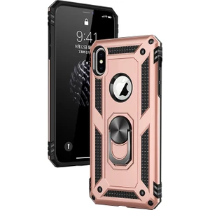 Apple iPhone X Kılıf Zırh Koruma Yüzüklü Standlı Armor Silikon Kapak Rose Gold