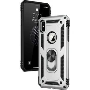 Apple iPhone X Kılıf Zırh Koruma Yüzüklü Standlı Armor Silikon Kapak Gri