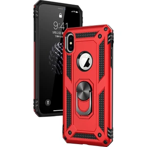 Apple iPhone X Kılıf Zırh Koruma Yüzüklü Standlı Armor Silikon Kapak + Nano Ekran Koruma Kırmızı