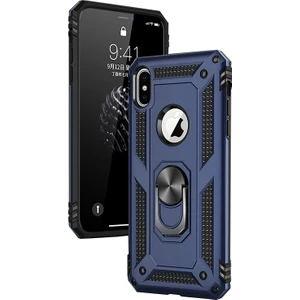 Apple iPhone X Kılıf Zırh Koruma Yüzüklü Standlı Armor Silikon Kapak + Nano Ekran Koruma Mavi