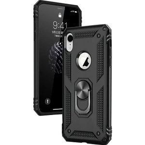 Apple iPhone XR Kılıf Zırh Koruma Yüzüklü Standlı Armor Silikon Kapak Siyah