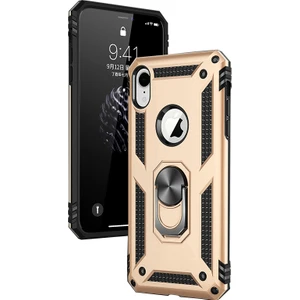 Apple iPhone XR Kılıf Zırh Koruma Yüzüklü Standlı Armor Silikon Kapak + Ekran Koruma Gold