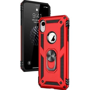 Apple iPhone XR Kılıf Zırh Koruma Yüzüklü Standlı Armor Silikon Kapak + Ekran Koruma Kırmızı