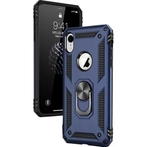 Apple iPhone XR Kılıf Zırh Koruma Yüzüklü Standlı Armor Silikon Kapak + Ekran Koruma Mavi