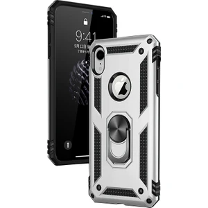 Apple iPhone XR Kılıf Zırh Koruma Yüzüklü Standlı Armor Silikon Kapak + Ekran Koruma Gri