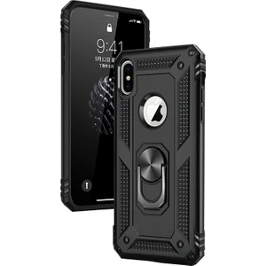 Apple iPhone XS Max Kılıf Zırh Koruma Yüzüklü Standlı Armor Silikon Kapak Siyah