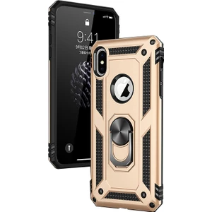 Apple iPhone XS Max Kılıf Zırh Koruma Yüzüklü Standlı Armor Silikon Kapak Gold