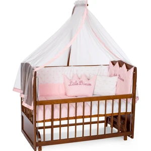 Ahşap Ceviz Renk Anne Yanı Beşik 3 Kademeli Sallanan Ahşap Beşik 60 x 120 cm - Pembe Prenses Uyku Setli & Soft Yataklı